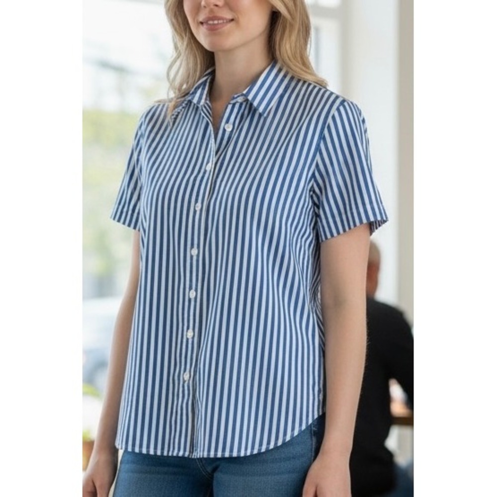 Lands' End Blue White Striped Shirt Women 12 No Iron Supima Cotton Coastal